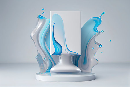3D white background. Pedestal podium with water splash swirl in studio. Blue liquid fresh flow with display.Generative AIの素材