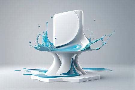 3D white background. Pedestal podium with water splash swirl in studio. Blue liquid fresh flow with display.Generative AIの素材
