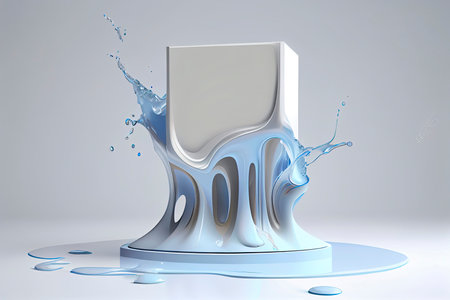3D white background. Pedestal podium with water splash swirl in studio. Blue liquid fresh flow with display.Generative AIの素材