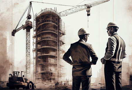 Discussion of work by a civil engineer with an architect at a construction site against the backdrop of a tower crane and a high rise building under construction.Generative AIの素材