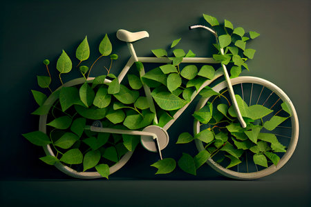 Bicycle covered with green leaf tendril, eco and environment concept, sustainable transport and travel.Generative AIの素材