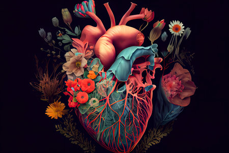 Human heart with flowers, love and emotion concept.Generative AIの素材