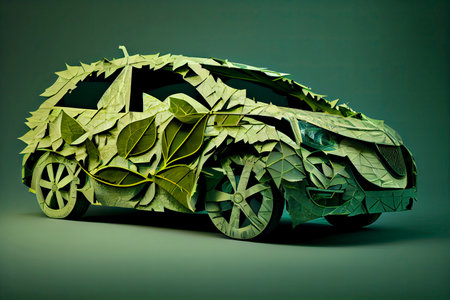 Green electric car made from leaves, sustainable and renewable ressources, eco power.Generative AIの素材