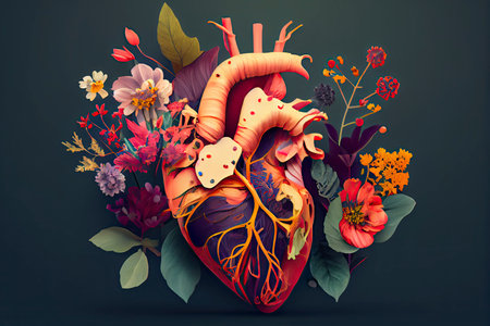Human heart with flowers, love and emotion concept.Generative AIの素材