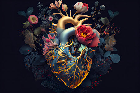 Human heart with flowers, love and emotion concept.Generative AIの素材