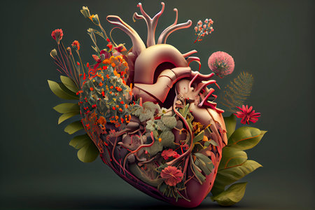 Human heart with flowers, love and emotion concept.Generative AIの素材
