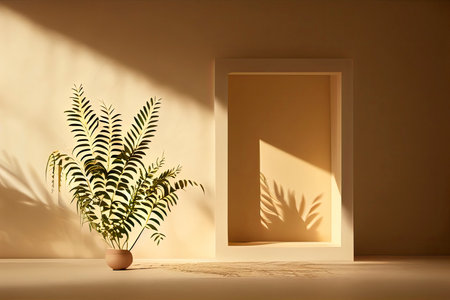 Minimalistic abstract gentle light beige background for product presentation with light andand intricate shadow.Generative AIの素材