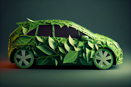 Green electric car made from leaves, sustainable and renewable ressources, eco power.Generative AIの素材