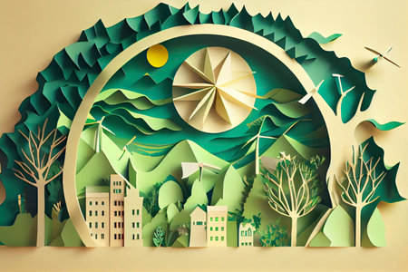 Paper art style , Paper cut of eco city design Green energy concept and environment conservation.Generative AIの素材