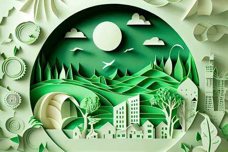 Paper art style , Paper cut of eco city design Green energy concept and environment conservation.Generative AIの素材