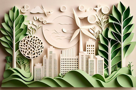Paper art style , Paper cut of eco city design Green energy concept and environment conservation.Generative AIの素材