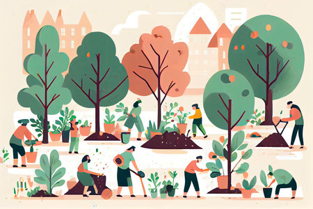 People are planting tree seedlings in the city park. Volunteers or city dwellers, men and women.Generative AIの素材