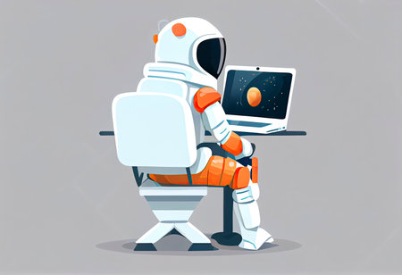 The robot astronaut man sits with laptop. Search on the Internet. Internet surfing.Generative AIの素材