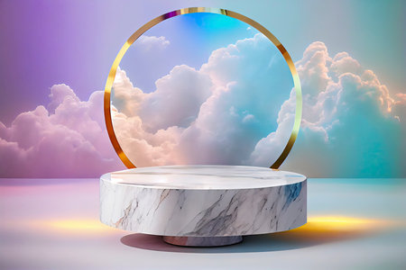 modern and elegant marble stone round podium in dappled light from lighting in white stone marble background and colorfull cloud for product display.Generative AIの素材
