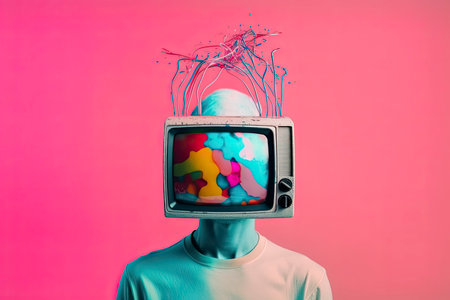 a person with his head inside a television in vintage pop style.Generative AIの素材