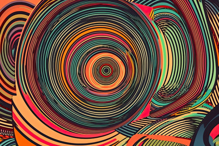 Abstract psychedelic background with circles and lines of various widths in retro optical illusion style.Generative AIの素材