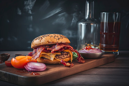 amazing close-up photo of gorgeous delicious beaf burger with tomato, crispy onions and bacon.Generative AIの素材