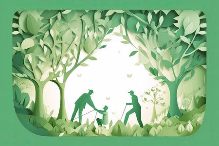 Arbor day banner. Paper cut illustration of two adult silhouettes planting a small tree in nature for greener the world environment.Generative AIの素材