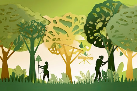 Arbor day banner. Paper cut illustration of two adult silhouettes planting a small tree in nature for greener the world environment.Generative AIの素材