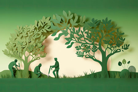 Arbor day banner. Paper cut illustration of two adult silhouettes planting a small tree in nature for greener the world environment.Generative AIの素材