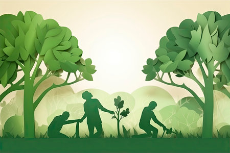 Arbor day banner. Paper cut illustration of two adult silhouettes planting a small tree in nature for greener the world environment.Generative AIの素材