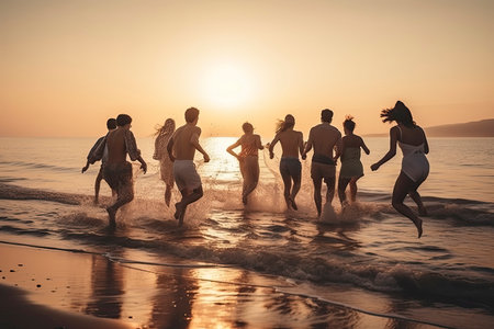 Big group of young friends or big family are having fun and run at sunset beach. Summer vacations concept.Generative AIの素材