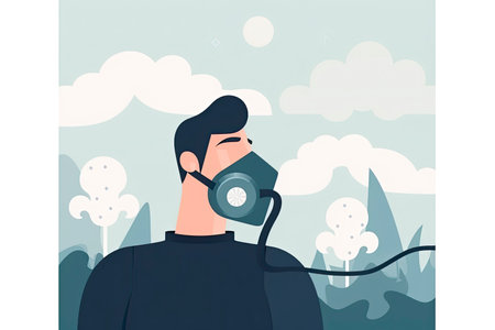 CO2 emissions. Man breathing through filter mask to reduce health effects of toxic chemical fumes from factory.Generative AIの素材