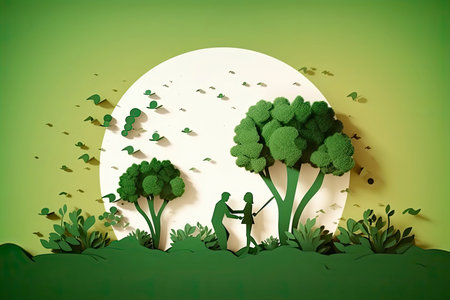 Arbor day banner. Paper cut illustration of two adult silhouettes planting a small tree in nature for greener the world environment.Generative AIの素材