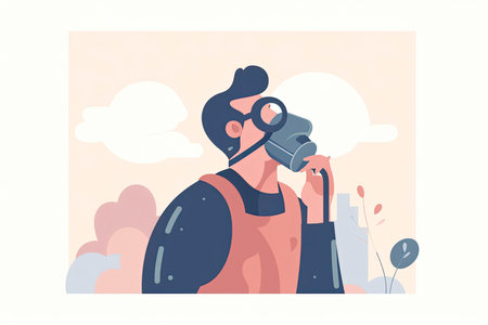 CO2 emissions. Man breathing through filter mask to reduce health effects of toxic chemical fumes from factory.Generative AIの素材