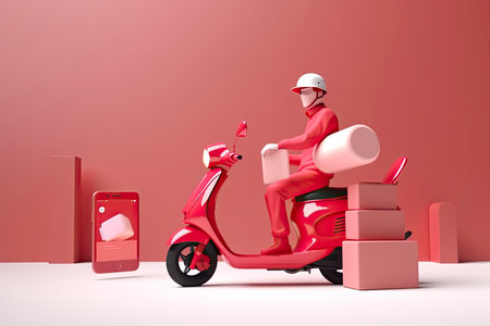 Delivery man driving scooter in logistic food service with smartphone app program. 3d Rendering.Generative AIの素材