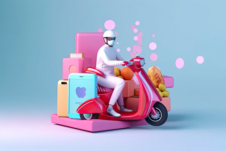Delivery man driving scooter in logistic food service with smartphone app program. 3d Rendering.Generative AIの素材