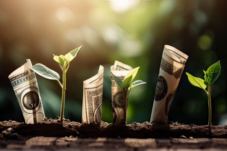 Dollar Seedling - Growth Concept - Plants On Banknotes In Increase.Generative AIの素材