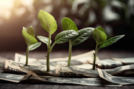 Dollar Seedling - Growth Concept - Plants On Banknotes In Increase.Generative AIの素材