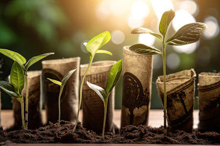 Dollar Seedling - Growth Concept - Plants On Banknotes In Increase.Generative AIの素材