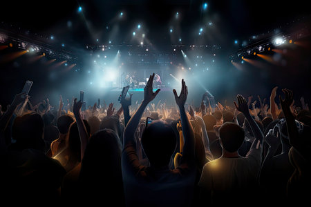 Future of crowded concert hall on stage with scene stage lights, rock show performance.Generative AIの素材
