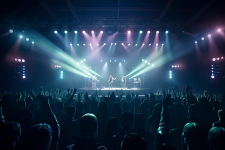 Future of crowded concert hall on stage with scene stage lights, rock show performance.Generative AIの素材