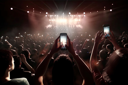 Future of crowded concert hall on stage with scene stage lights, rock show performance.Generative AIの素材