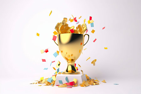 3D Trophy cup with confetti. Gold winner prize. Champion reward. First place.Generative AIの素材