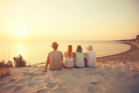 Group of five happy people sits on background of empty sunset beach. Travel or sea vacations concept.Generative AIの素材