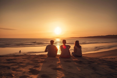 Group of five happy people sits on background of empty sunset beach. Travel or sea vacations concept.Generative AIの素材