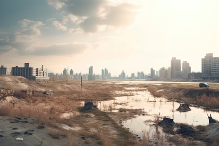 Post-apocalyptic landscape. City after the effects of global warming. Climate changes concept.Generative AIの素材