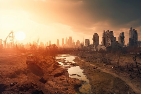 Post-apocalyptic landscape. City after the effects of global warming. Climate changes concept.Generative AIの素材