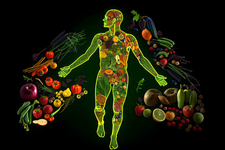 outline of a human with bolts of energy running through the body, the body is surrounded by fruit.Generative AIの素材