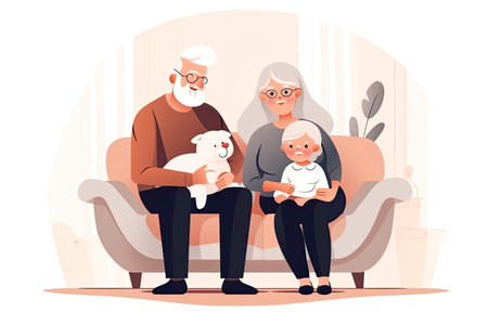 Warm big family portrait with isolated white background. Grandfather, grandmother and baby sitting.Generative AIの素材