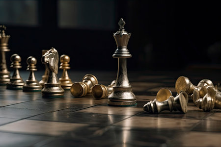 Golden king chess stand alone with fallen silver chess pieces. Winner of business competition and marketing.Generative AIの素材