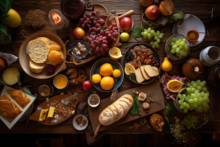 table with food, top view.Generative AIの素材