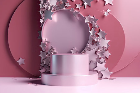 3d render. Abstract pink fashion background decorated with silver stars. blank board, round frame, copy space.Generative AIの素材