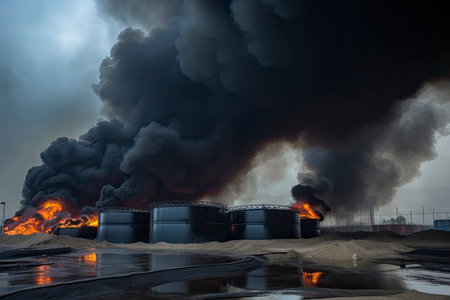 Oil storage fire. The tank farm is burning, black smoke.Generative AIの素材