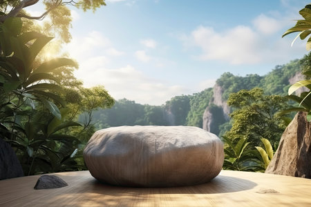 Rock podium in tropical forest for product presentation Behind is a view of the sky.3d rendering.Generative AIの素材