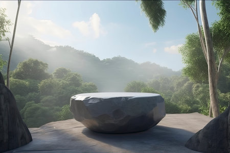 Rock podium in tropical forest for product presentation Behind is a view of the sky.3d rendering.Generative AIの素材